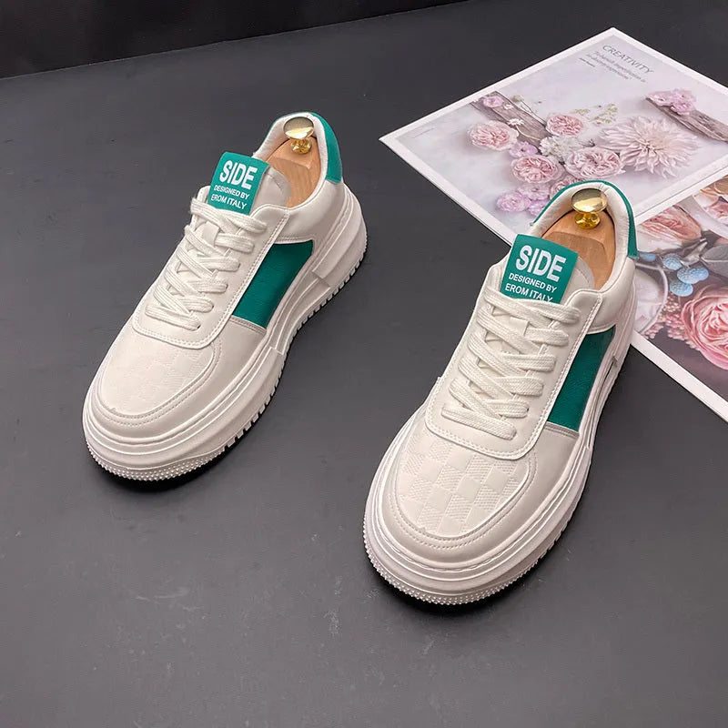 White, green and black sports casual shoes with cloth upper and rubber foam sole showing heel lift insert option