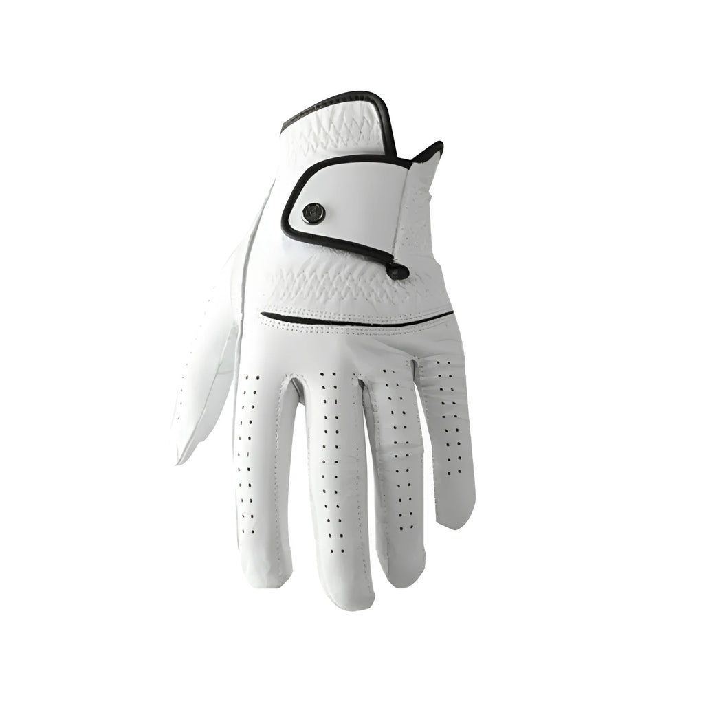 White half sheepskin golf glove for men, showing non-slip palm and breathable design.