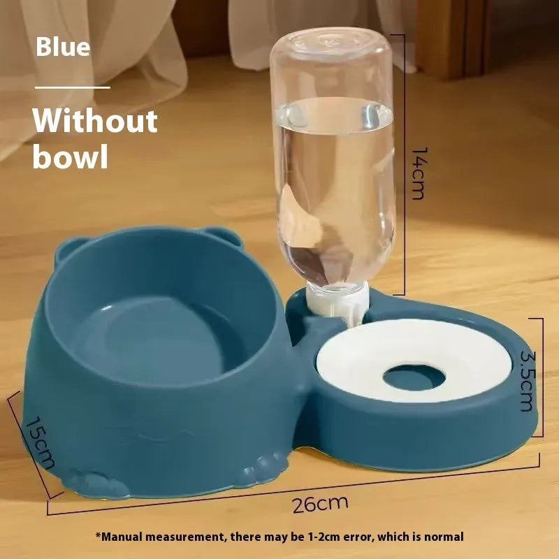 Automatic drinking pet basin with double stainless steel and ceramic bowls for cats.