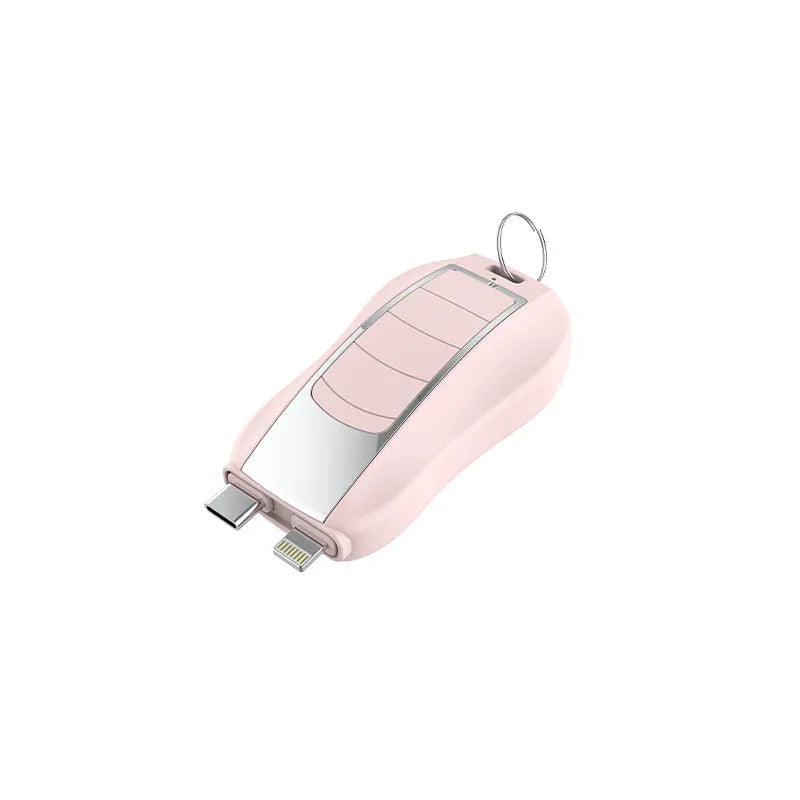 Mini plastic keychain power bank with 1500mAh capacity on a keyring.
