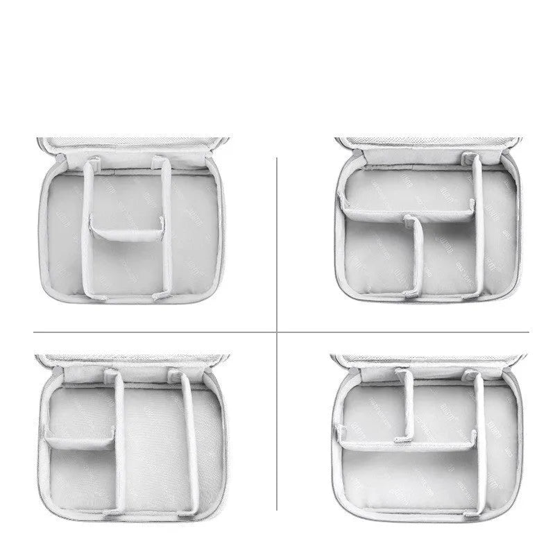 Simple modern EVA digital storage organiser bag for headphones and cables, shown in black or grey.