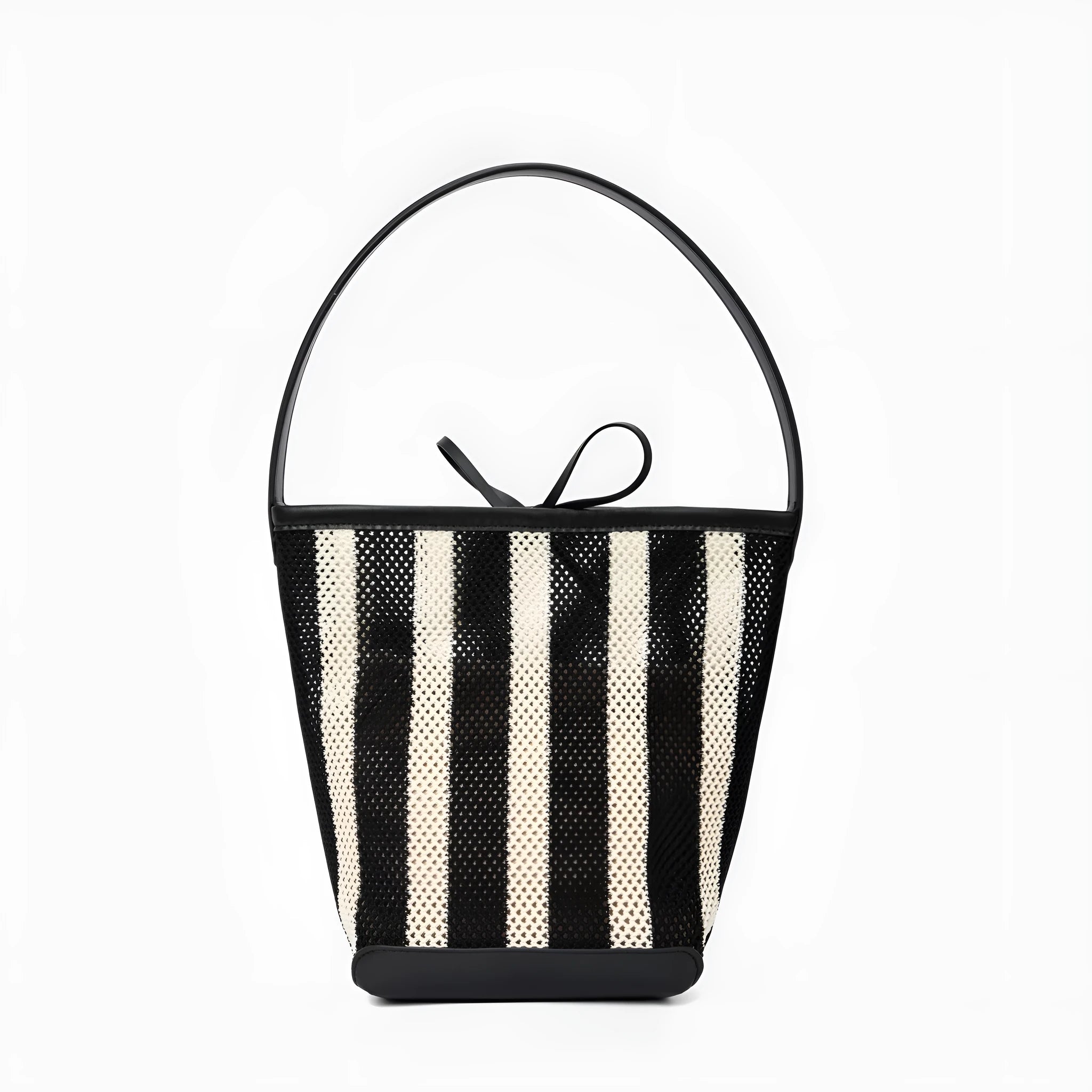 Black and white striped woven shoulder bag with bucket shape showing dimensions
