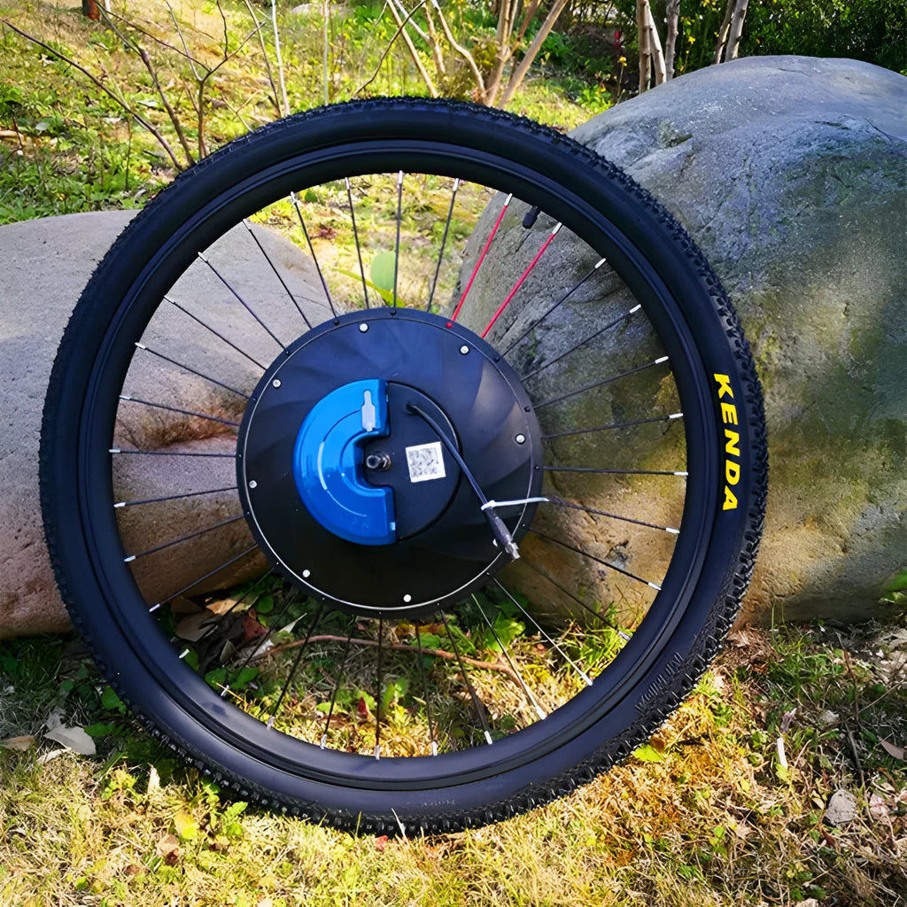 Yunzhilun 26-inch bicycle electric conversion kit showing hub motor wheel, lithium battery, and charger.