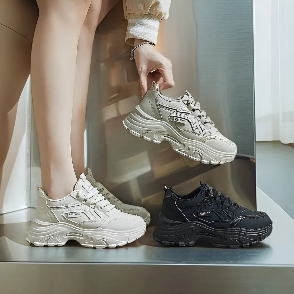 Breathable height increasing low-top shoes for women, artificial PU upper, round toe, black colour, side view