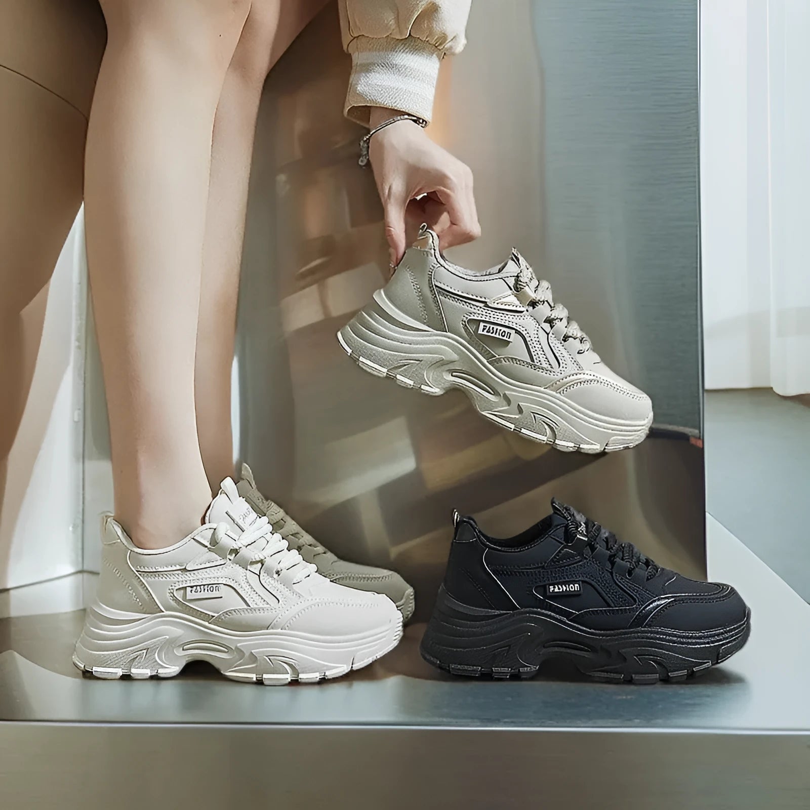 Breathable height increasing low-top shoes for women, artificial PU upper, round toe, black colour, side view