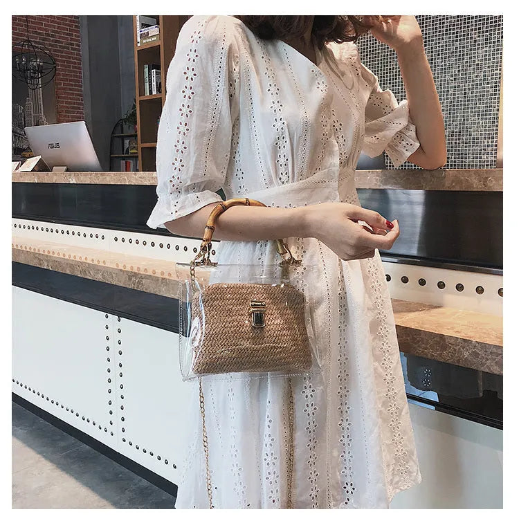 Women's bamboo knot woven handbag in khaki with chain detail, PVC body, and hasp closure