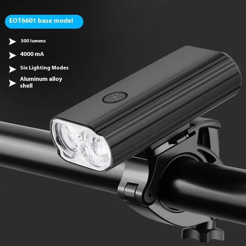 Black bicycle headlight with USB Type-C charging port and aluminium alloy body mounted on handlebars