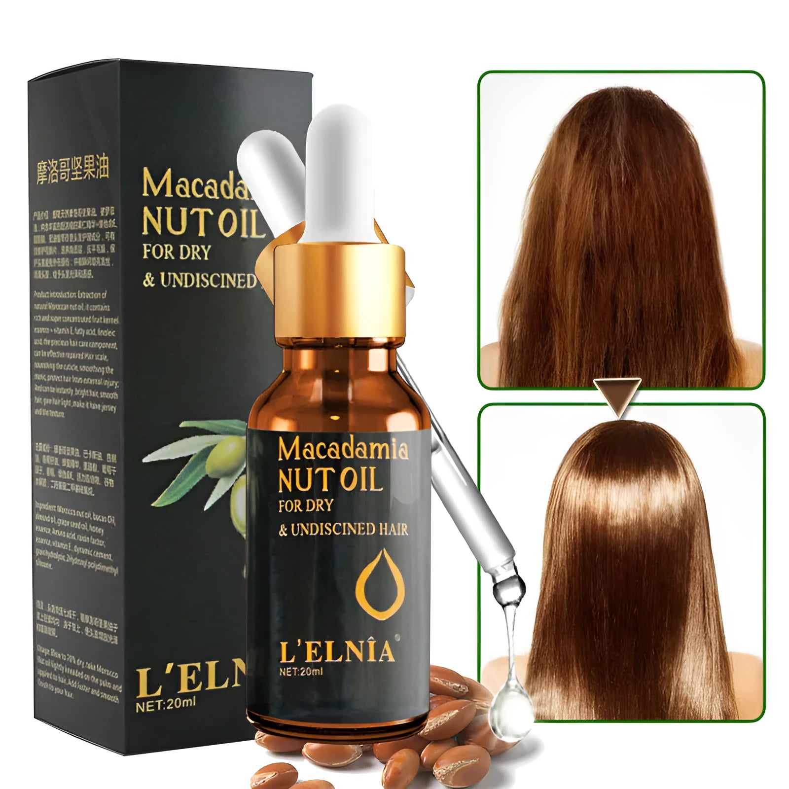 20ml bottle of hair essential oils with Moroccan walnut oil blend for repair and shine