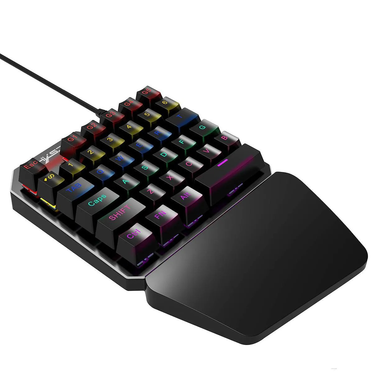 Mini one-handed mechanical gaming keyboard with 35 keys, seven-colour backlight, and wired USB connection