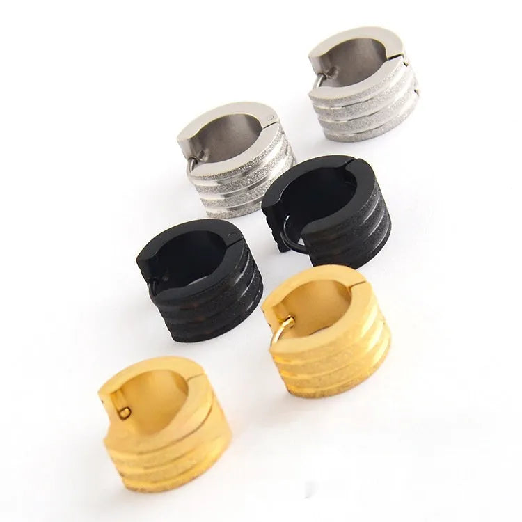 Korean style geometric titanium steel earrings with three-line frosted design in black, gold or steel colour options