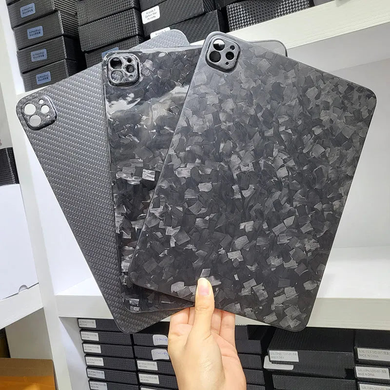 Carbon fibre flat protective cover for iPad Pro 11 inch in a plaid design with embossing.