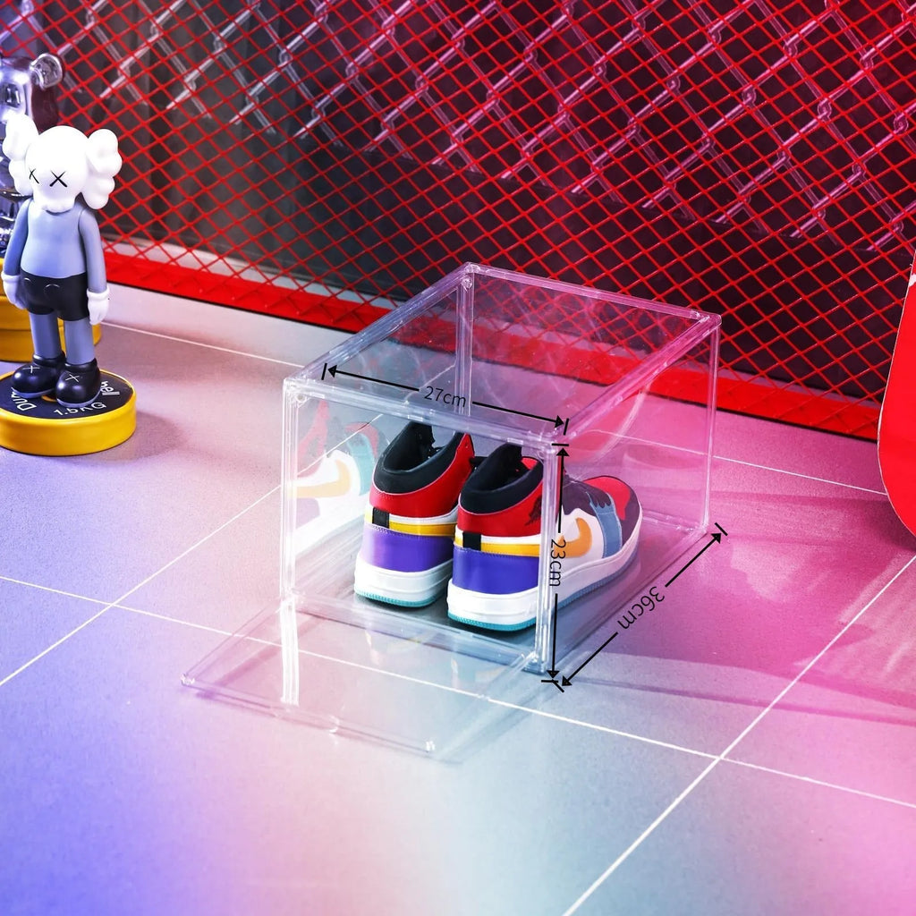 Large clear acrylic shoe storage box with a lid and a magnetic side door open, showing interior space.