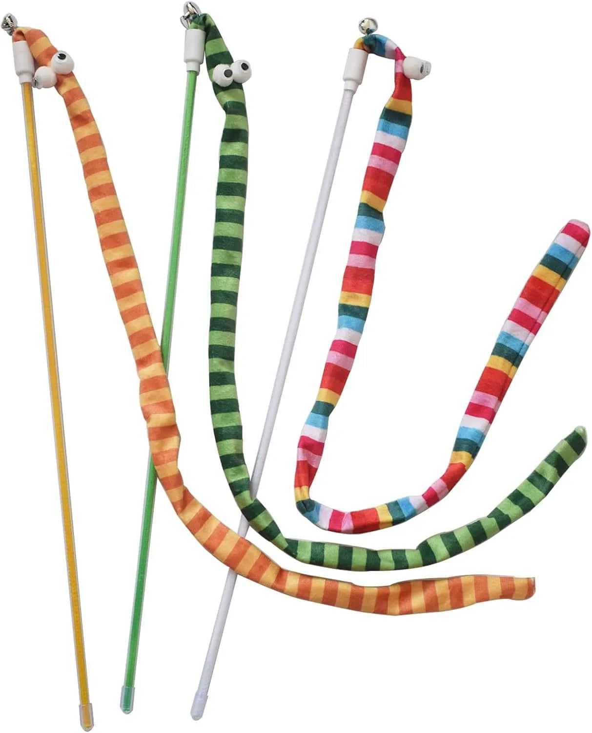 Cat teaser wand toy with long plush strip and bell on a polycarbonate pole.