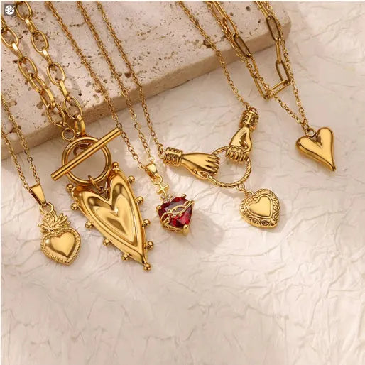 Stainless steel heart-shaped cross zircon necklace red pendant unisex 18K gold colour finish with adjustable chain