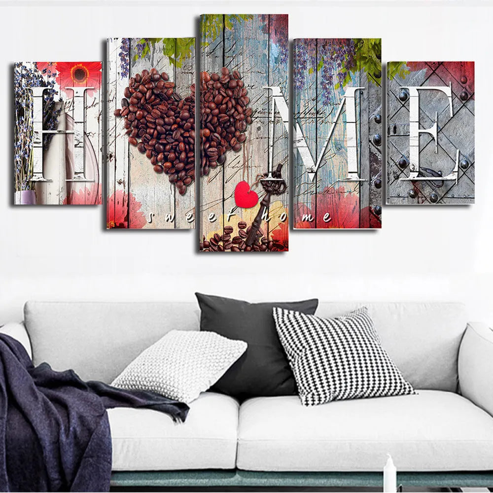Red oil painting wall decoration board set with five panels in mixed sizes for home interiors