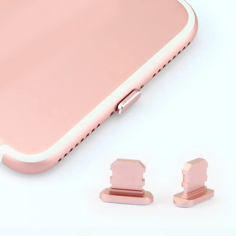 Aluminium alloy charging port dust plug for iPhone in various colours including gold, black, and rose gold.