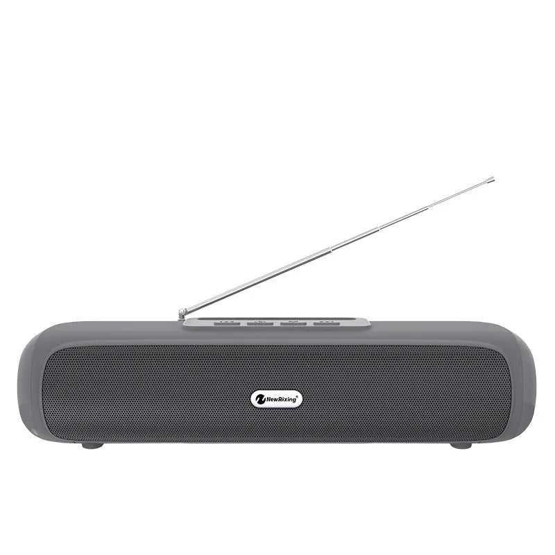 Desktop wireless long strip subwoofer speaker in black, blue, red, or silver grey colour.