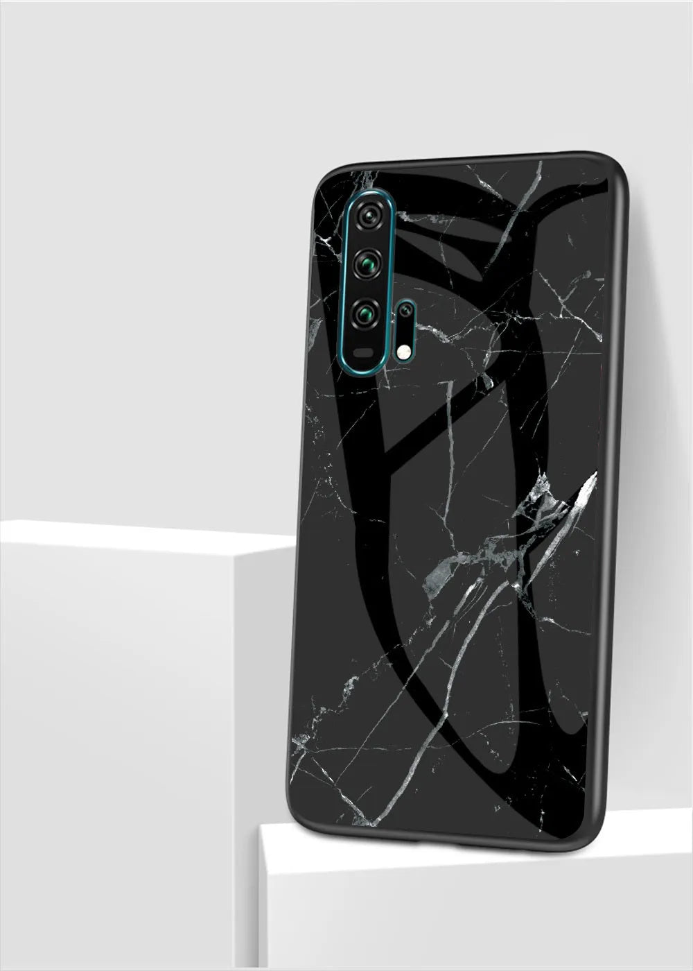 Honor 20 Pro mobile phone in a black marble tempered glass case with silicone bumper