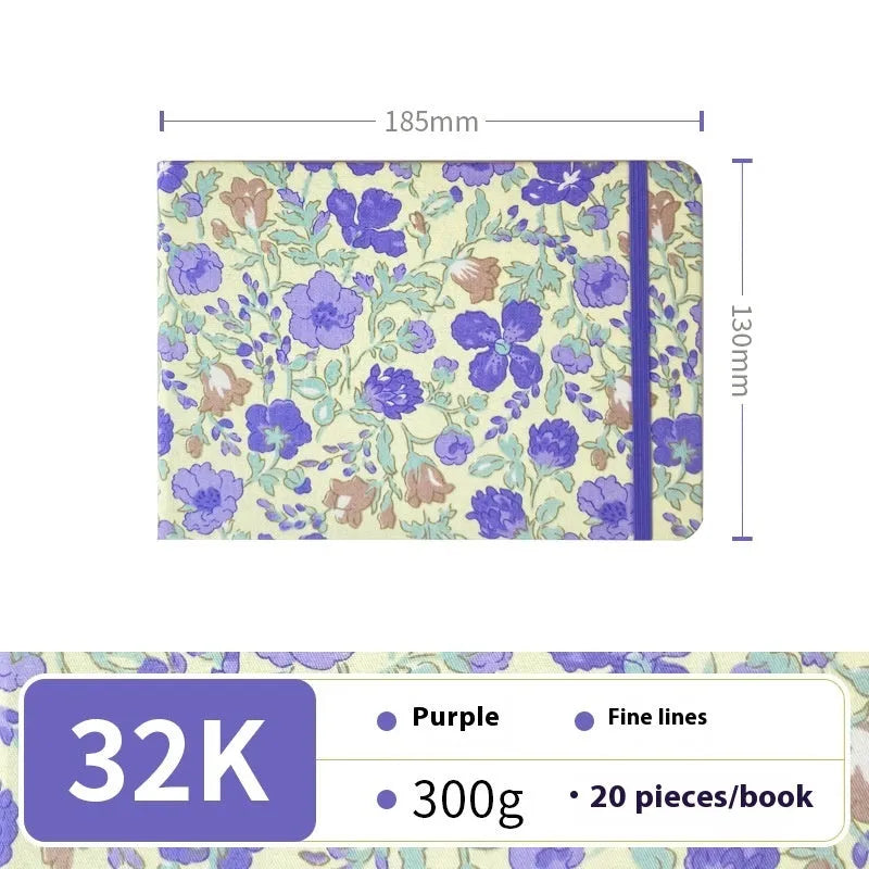 Feiluniao handmade fabric watercolour notebook with illustrated cover, open to show blank paper pages.