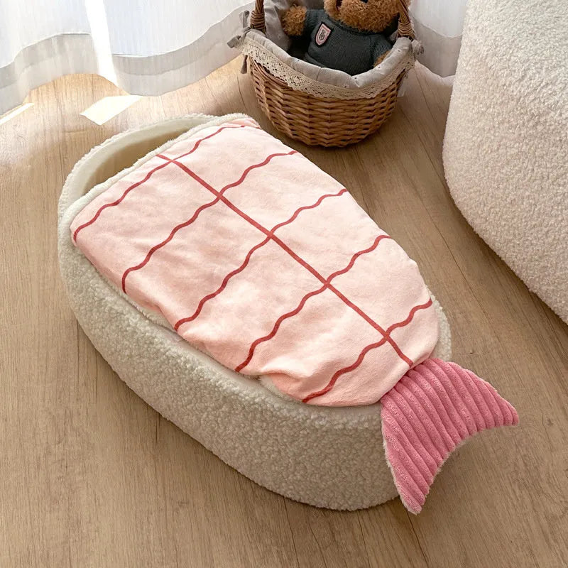 Sushi-shaped warm pet nest mattress with removable plush cover for cats and dogs