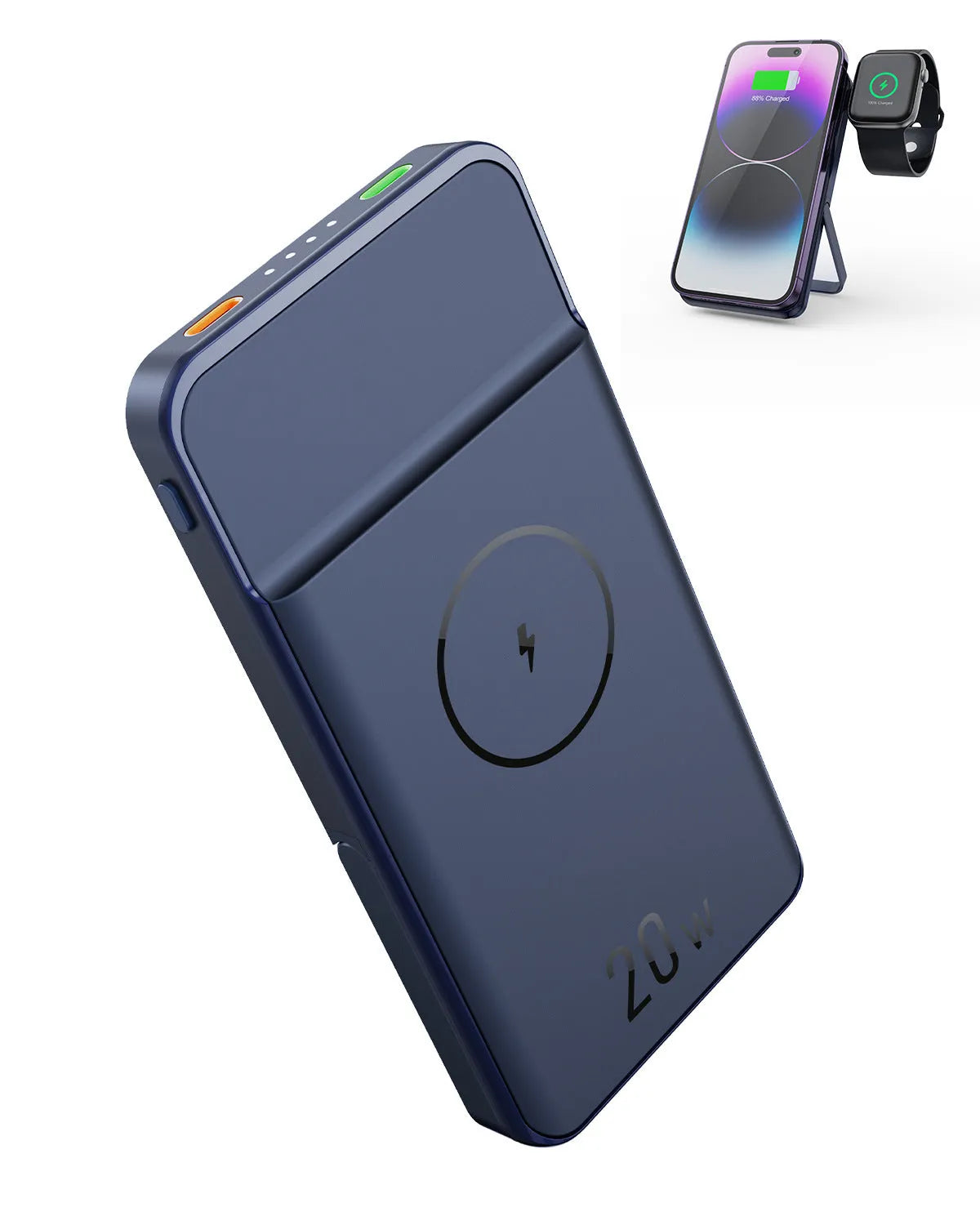 Black magnetic wireless power bank with three-in-one bracket showing 10000mAh capacity label