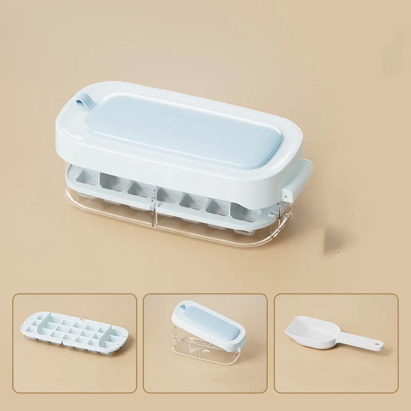Colourful ice cube tray set with high-capacity grid and integrated storage for ice shovel