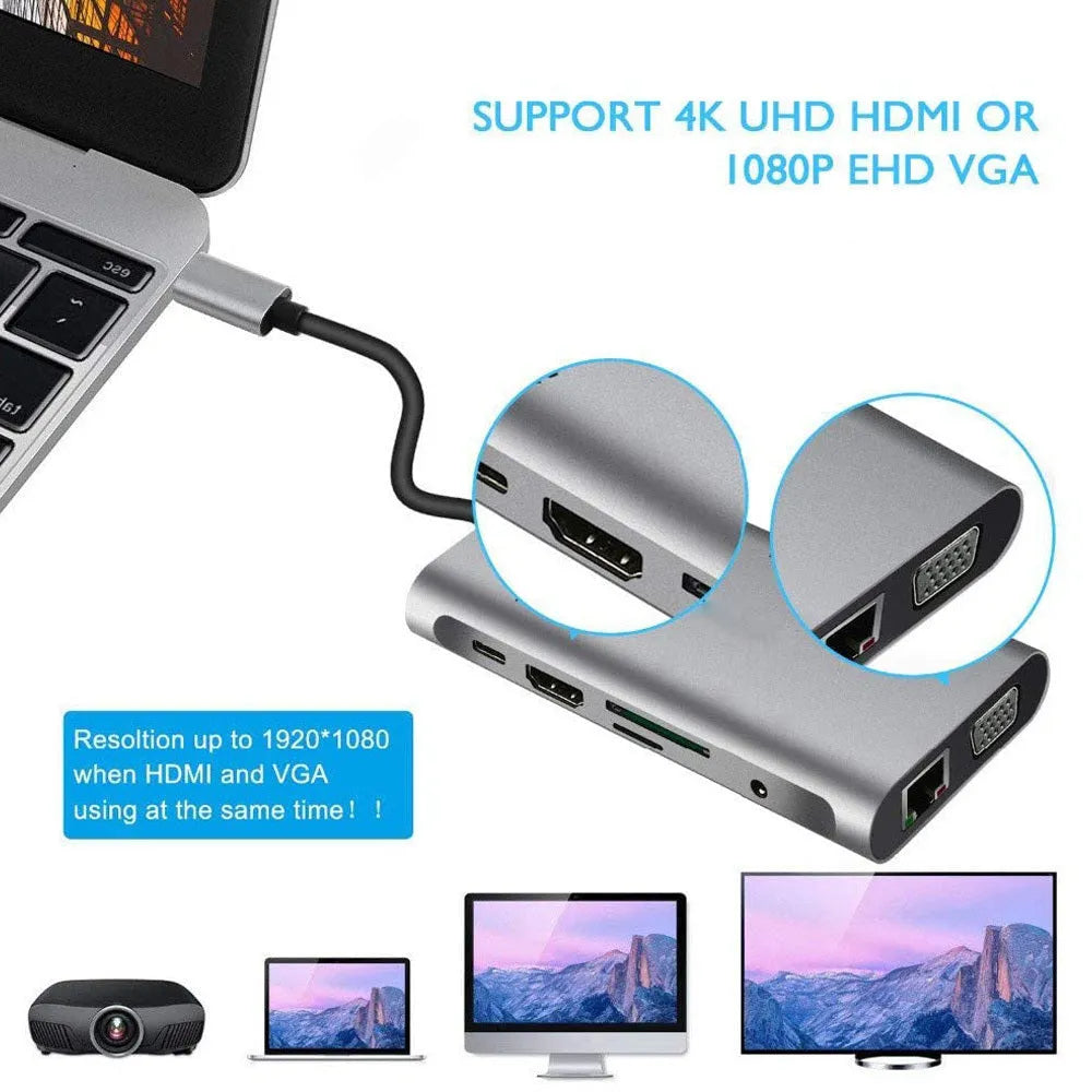 Grey 10-in-1 USB Type-C expansion dock with HDMI, VGA, Ethernet, USB 3.0 ports, and card readers