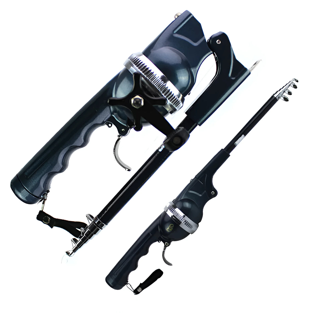 Foldable black fishing rod collapsed to 26.5cm showing built-in reel and epoxy resin construction