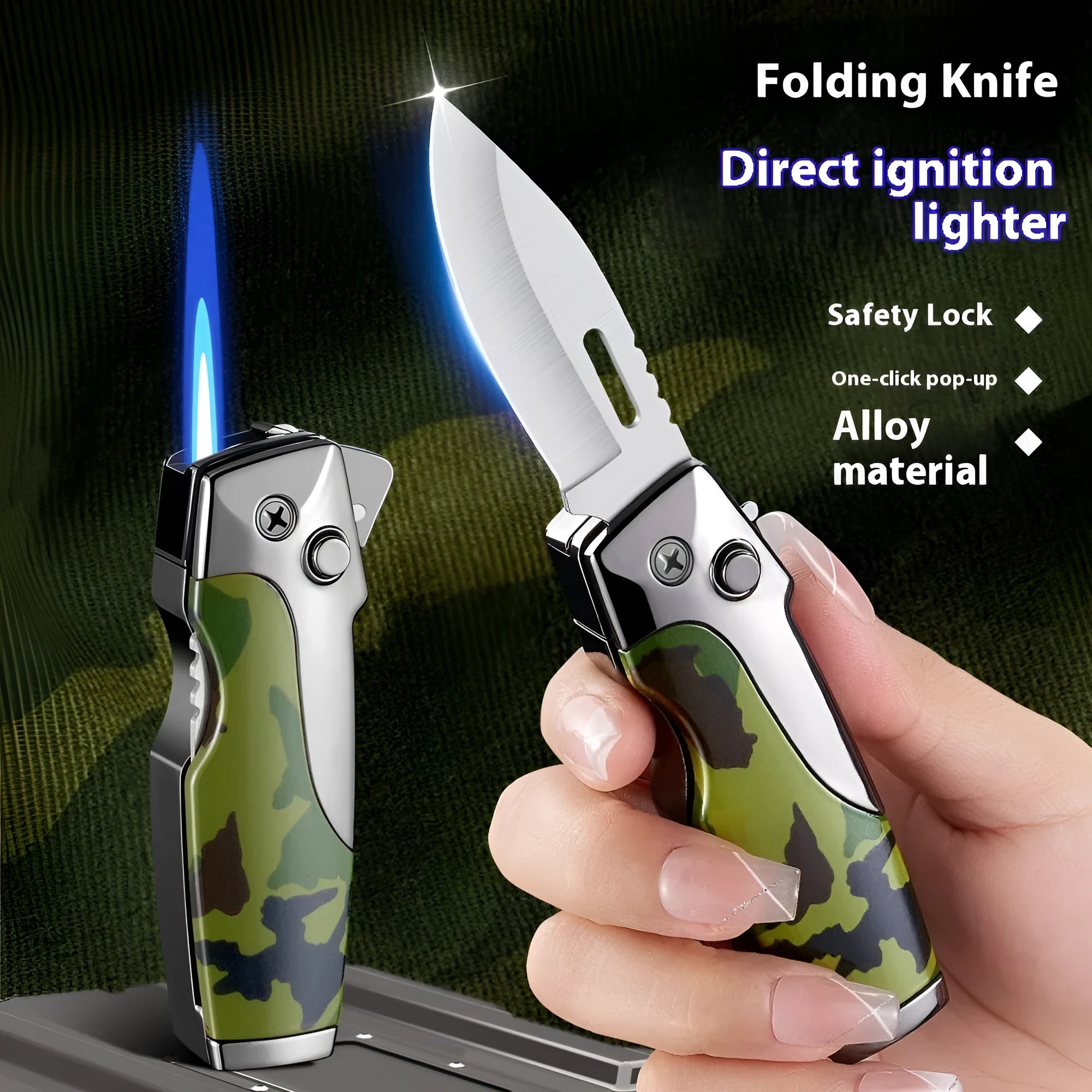 Zinc alloy metal folding lighter tool with integrated knife, shown in a carbon fibre finish.