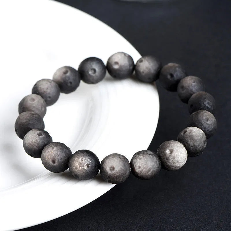 Natural obsidian crater ball bracelet unisex silver stone meteorite finish beaded