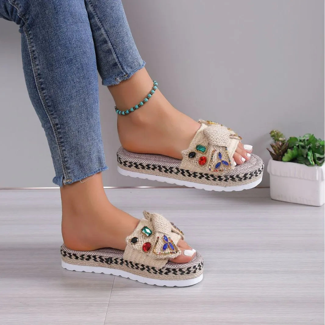 Women's beige platform sandals with adjustable beach bow and cloth upper
