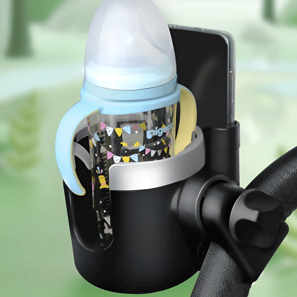 2-in-1 baby stroller cup holder in black, made of silicone and ABS, clipped onto pushchair handlebar