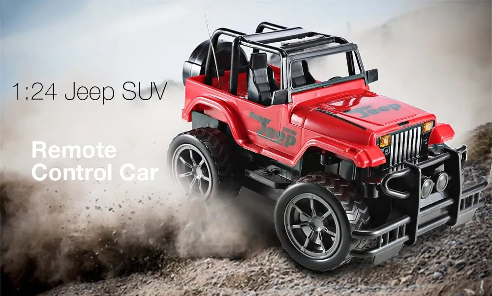 Wrangler Knight remote control car in red on grass, with controller, 4-channel off-road drift car for children over 3