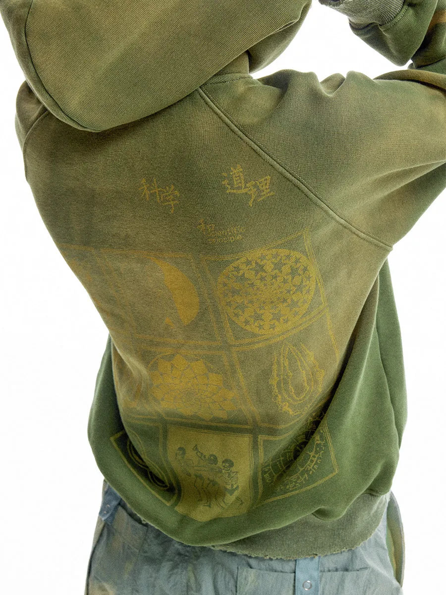 Green loose-fit hooded velvet cardigan with long sleeves, front view, featuring Science And Reason Buddha print