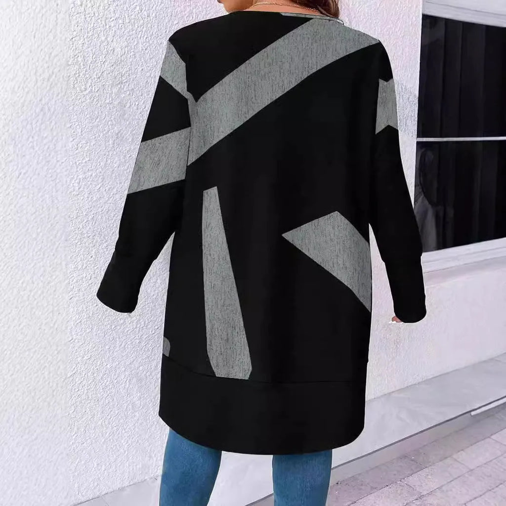 Black plus size cardigan coat with button stitching printing design on polyester fabric