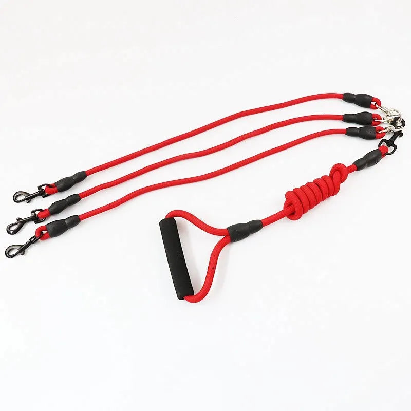 One drag three dogs pet rope leash in black, colorful, and red with size options XS to L for multi-dog walking
