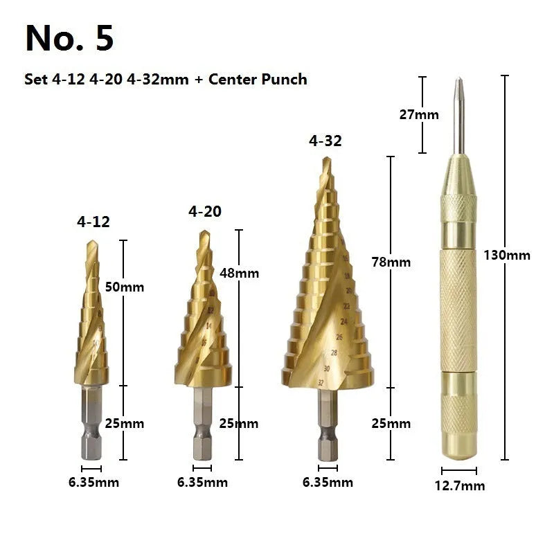 High speed steel cone drill bit and centre punch set with multiple step drill sizes for metalworking