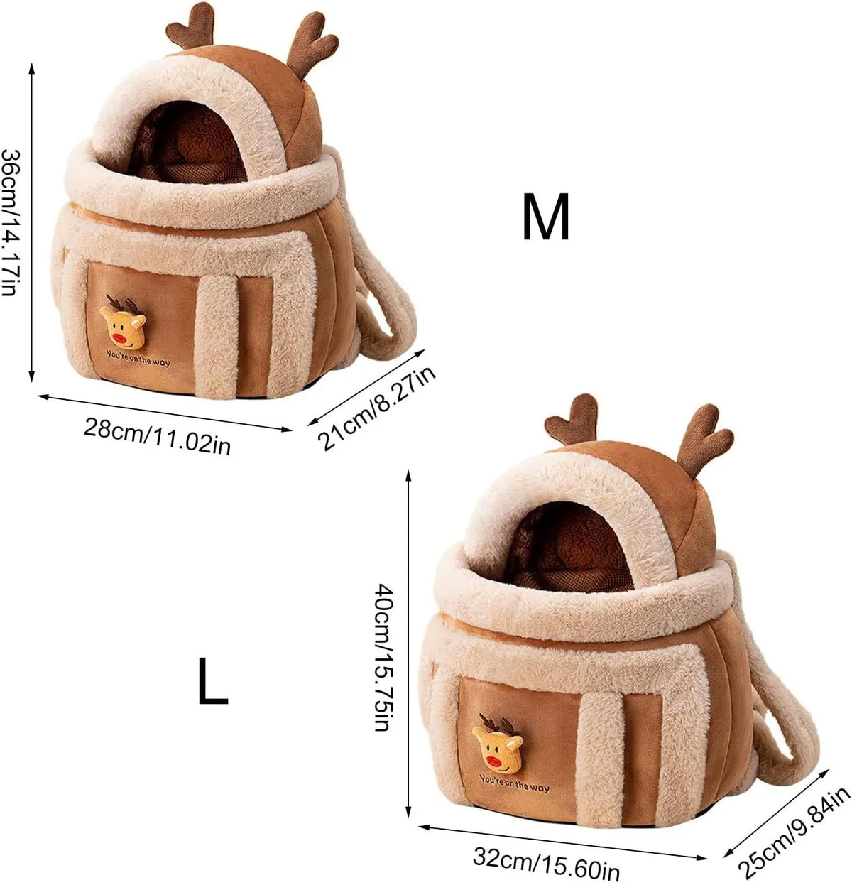 Plush reindeer dog carrier backpack with fleece lining and hand warmers for medium to large dogs
