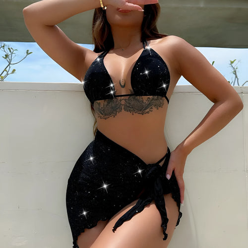Black three-piece swimsuit bikini set with high-waisted shorts on mannequin