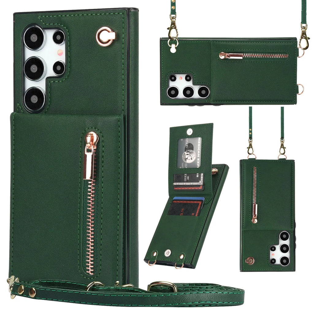 Handmade PU TPU leather Samsung phone case with bracket, card slots and crossbody zipper in multiple colours