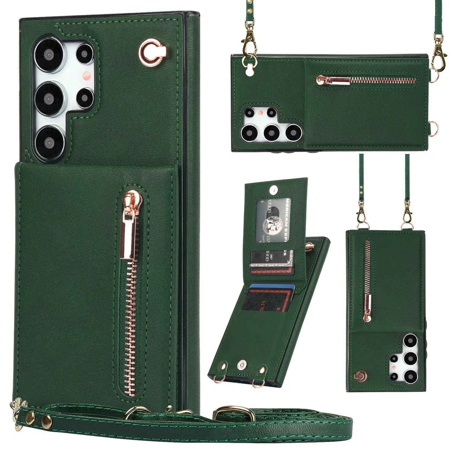 Handmade PU TPU leather Samsung phone case with bracket, card slots and crossbody zipper in multiple colours