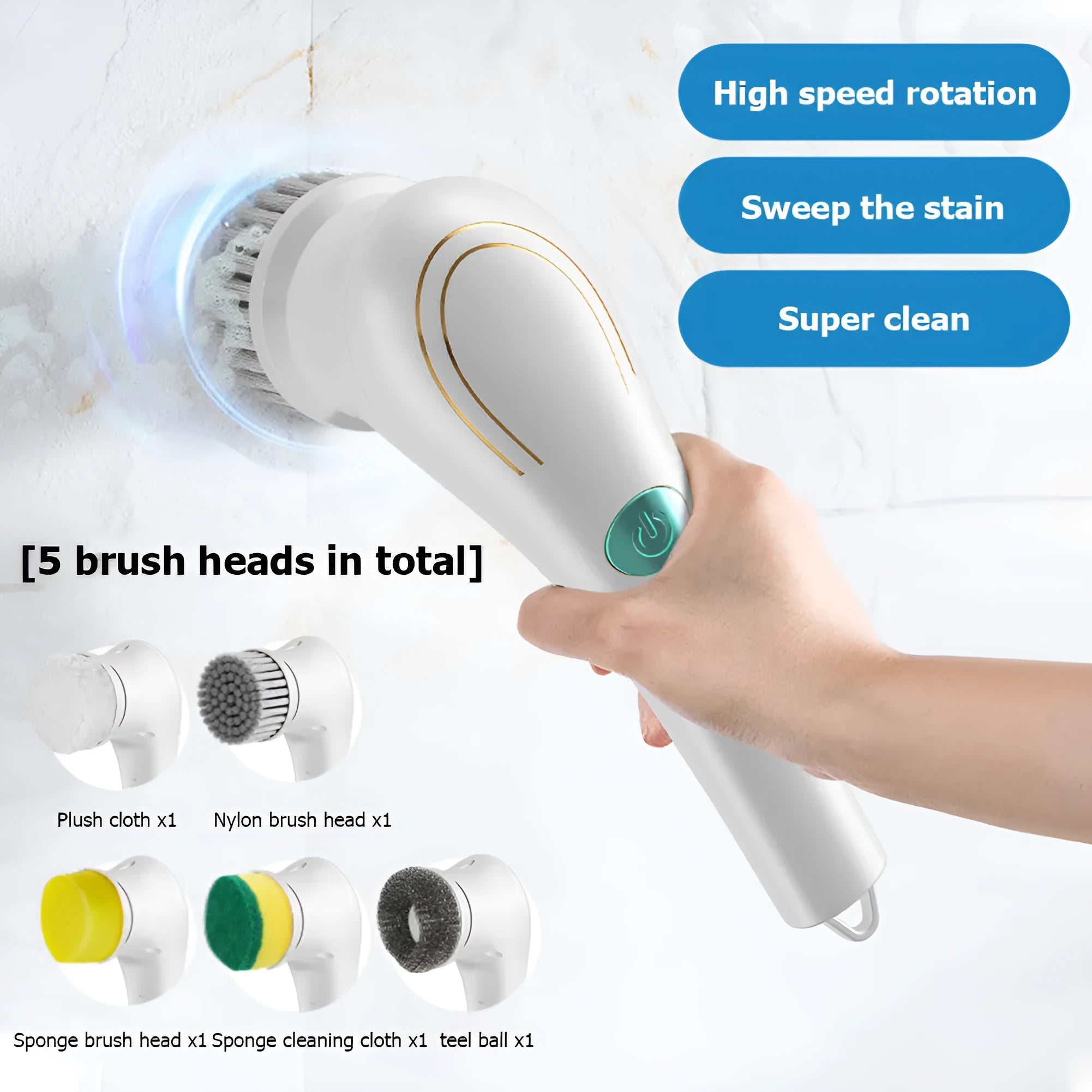 White USB electric handheld cleaning brush with five different brush heads for kitchen and bathroom surfaces.