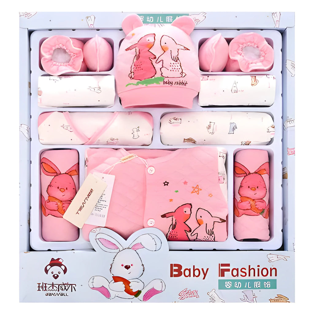 Pink cotton padded baby clothes set with rabbit design for newborn layering.