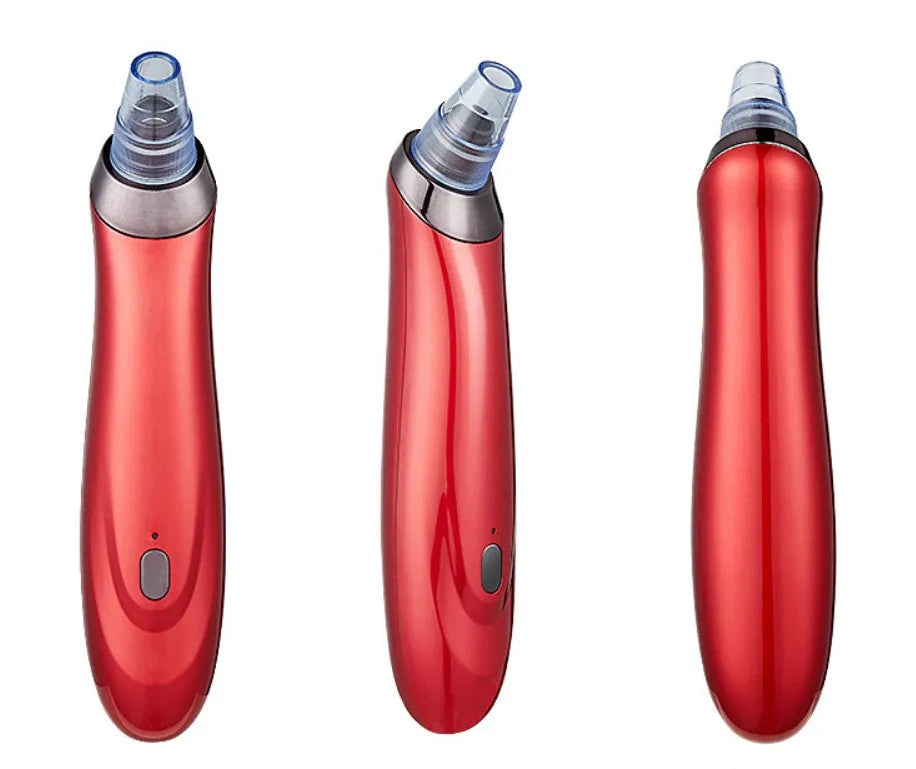Black, gold, red, or white coloured electric blackhead removal tool with multiple nozzle tips