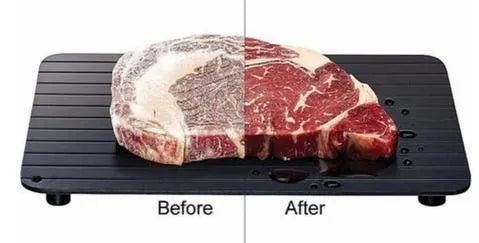 Black aluminium quick defrosting tray for thawing meat and frozen food without electricity.