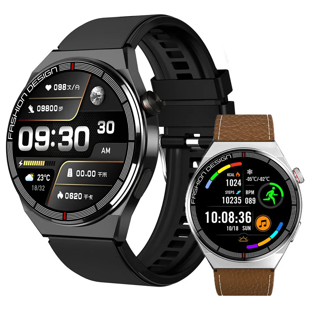 Smartwatch with black shell and black silicone strap, 1.28 inch screen, Bluetooth call and NFC for health monitoring