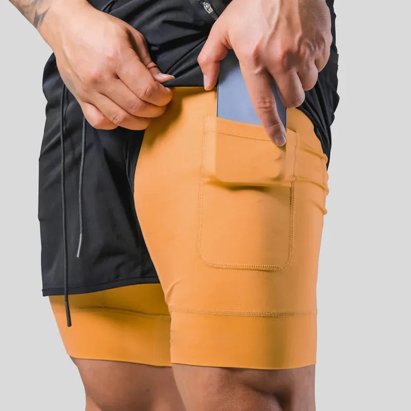 Men's double layer running casual shorts in light slate green with built-in lining