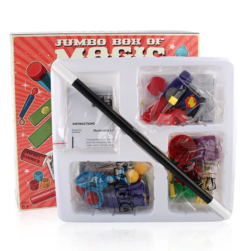 Purple and red magic prop set for children aged 3-7 years in cardboard carton packaging