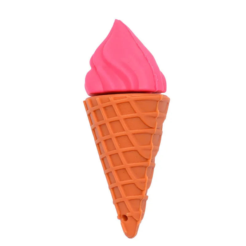 Pink plastic mini ice cream shaped USB flash drive on a white background.