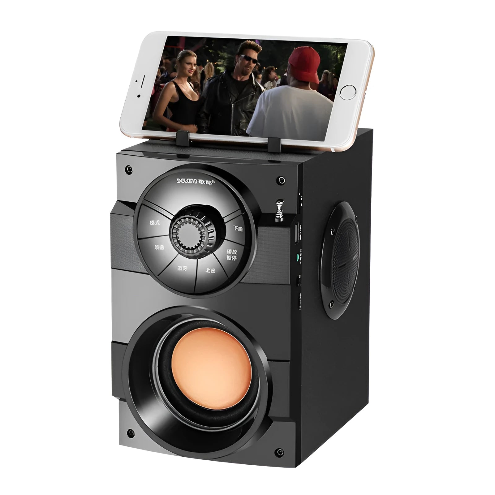 Black portable mini home audio system with subwoofer and 3.5mm audio connection cable